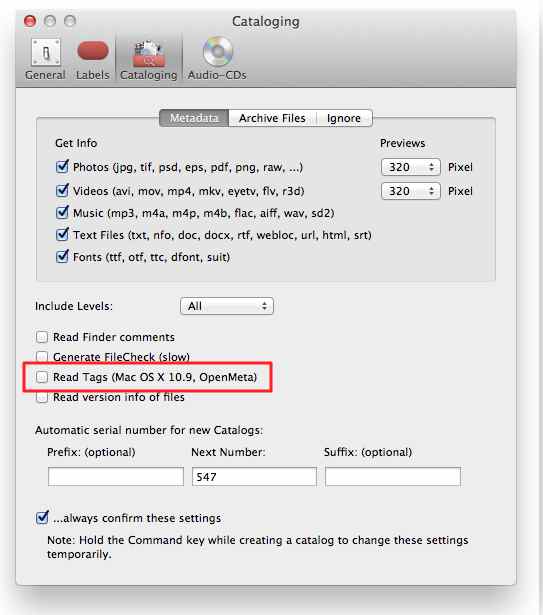 Cataloging Settings to Catalog Tags in NeoFinder